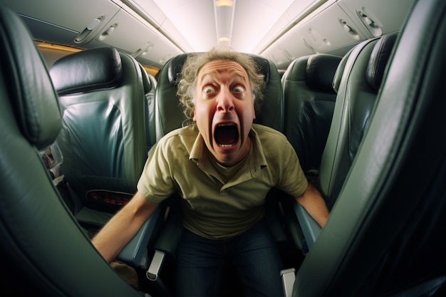 Vorderansicht eines alten Mannes, der im Flugzeug Angst hat