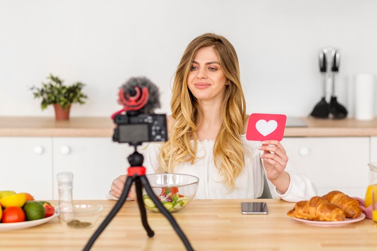 Kostenlose Foto vorderansicht frau, die video macht