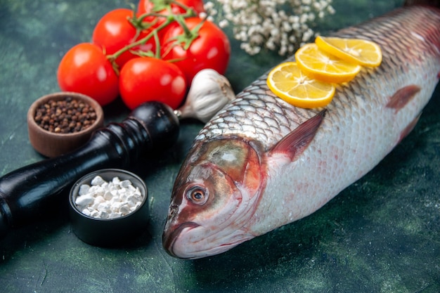 Vorderansicht frischer roher Fisch mit Tomaten und Zitrone auf dunkelblauer Oberfläche Hai Meeresfrüchte Mahlzeit Ozean horizontale Abendessen Nahrung Tier Wasser Fleisch