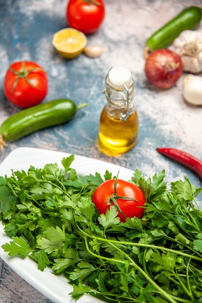 Vorderansicht frisches Grün mit Tomaten auf dem hellblauen Hintergrund reife Salatfotofarbe