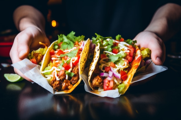 Kostenloses Foto vorderansicht: hände, die leckere taco halten