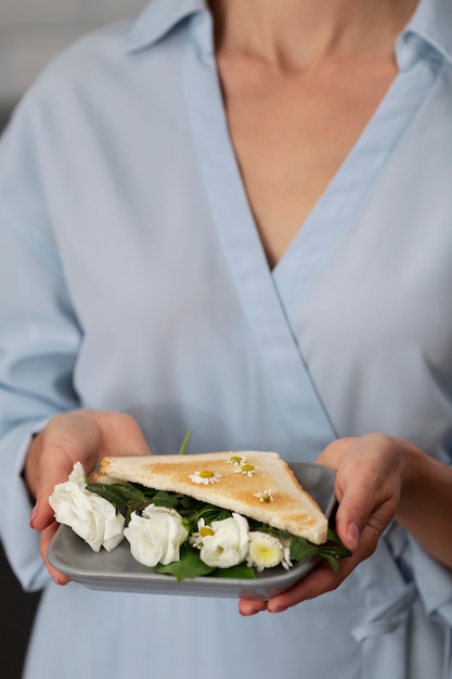 Vorderansicht-Halteplatte für Erwachsene mit Sandwich