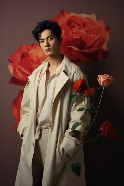 Vorderansicht junger Mann posiert mit Rosen