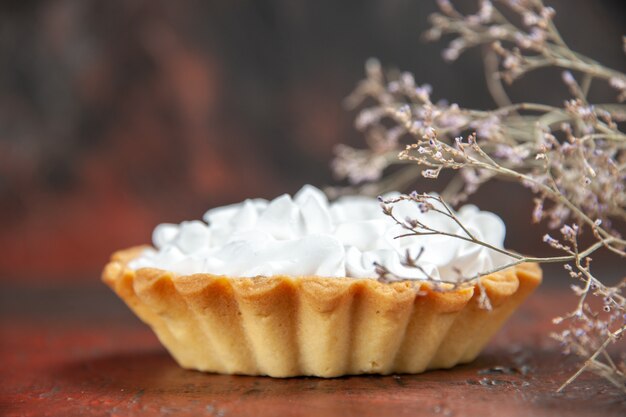 Vorderansicht kleine Torte mit Gebäckcreme auf dunkelrotem isoliertem Tisch