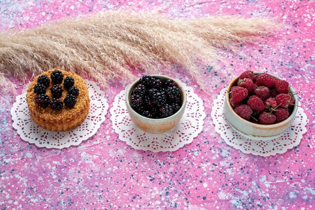 Vorderansicht kleiner Brombeerkuchen mit Himbeeren und frischen Brombeeren auf hellrosa Hintergrund.