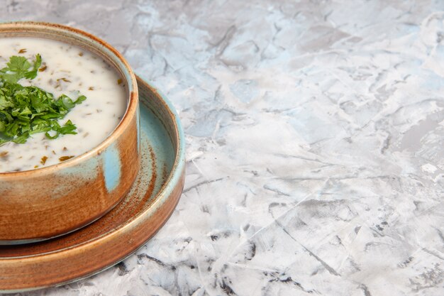 Vorderansicht leckere Dovga-Joghurt-Suppe mit Grüns auf weißem Tisch Milchsuppe grünes Gericht