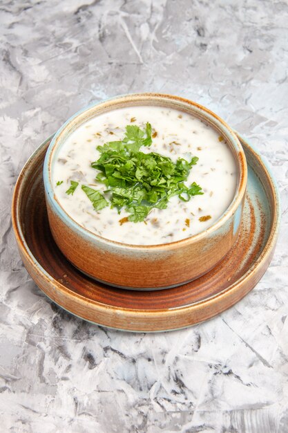 Vorderansicht leckere Dovga-Joghurtsuppe mit Grüns auf einem weißen Tischmilchgericht