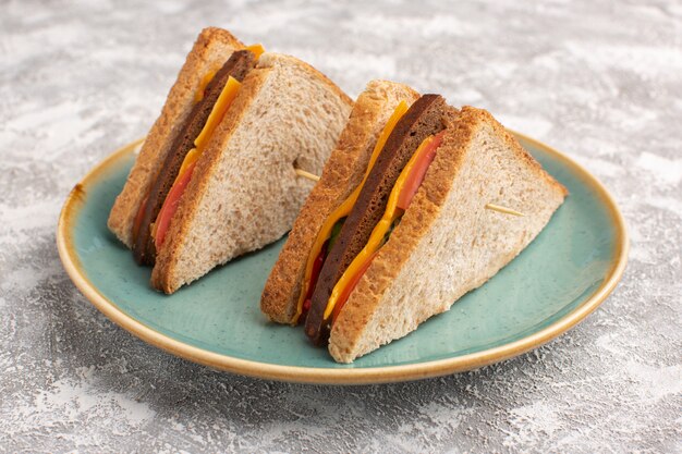 Vorderansicht leckere toastsandwiches mit käseschinken innerhalb der blauen platte auf weiß