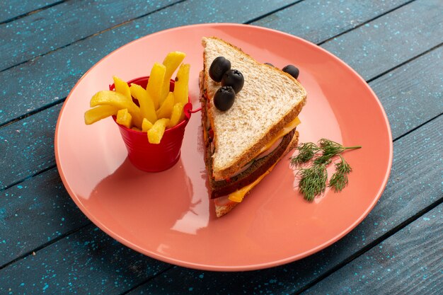 Vorderansicht leckeres Sandwich mit Olivenschinkentomaten in rosa Platte mit Pommes Frites auf blauem Holz