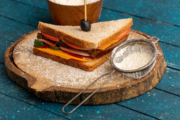 Vorderansicht leckeres Toastsandwich mit Käseschinken innen zusammen mit Mehl auf Blau