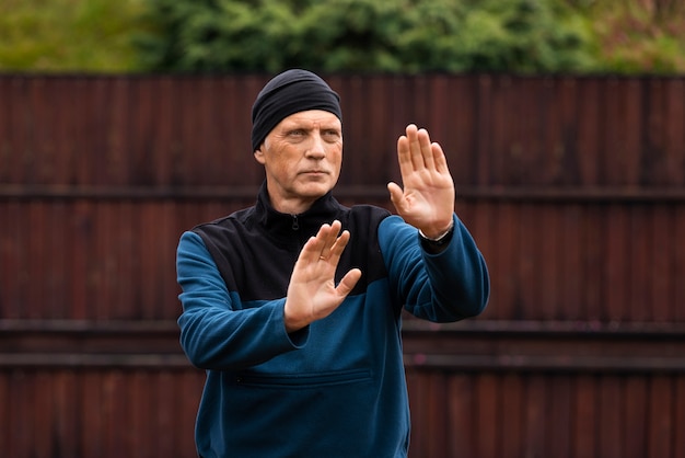 Kostenloses Foto vorderansicht mann, der draußen tai chi praktiziert