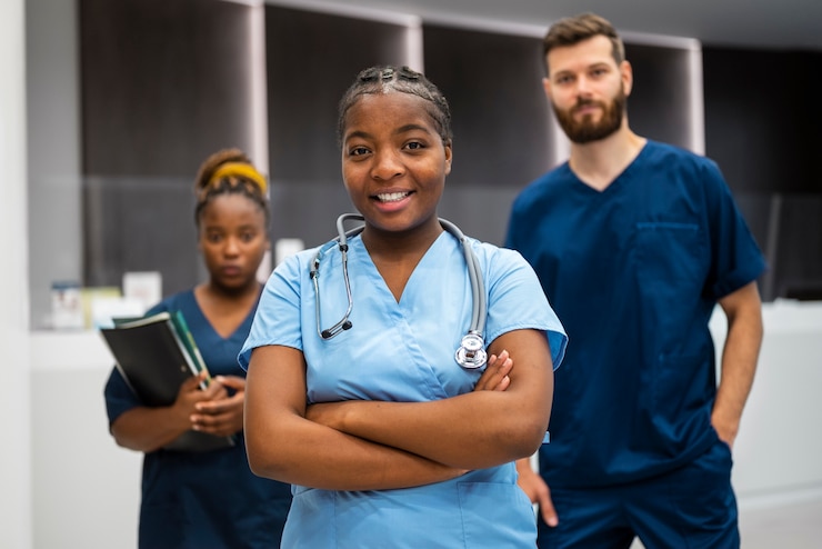 Kostenlose Foto vorderansicht schwarze krankenschwestern bei der arbeit