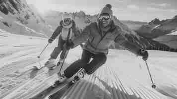 Kostenloses Foto vorderansicht von menschen, die monochrom skifahren