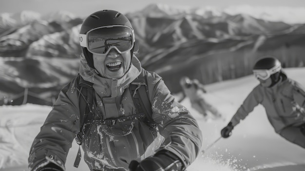 Kostenloses Foto vorderansicht von menschen, die monochrom skifahren