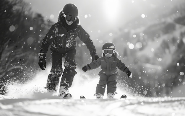 Kostenloses Foto vorderansicht von menschen, die monochrom skifahren