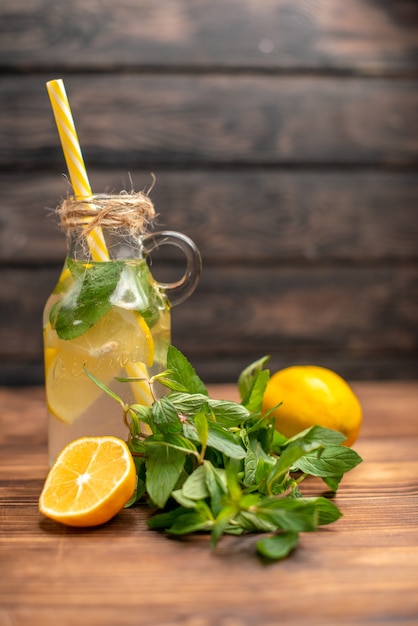 Kostenloses Foto vorderansicht von natürlichem frischem detox-wasser, serviert mit tubenminze und orange auf braunem hintergrund