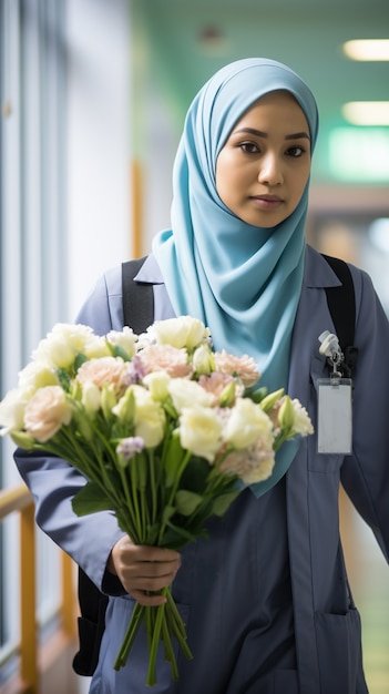 Kostenloses Foto vorderansicht weibliche krankenschwester mit blumen