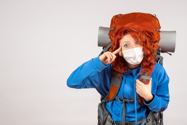 Vorderansicht weiblicher Tourist in Maske mit Rucksack