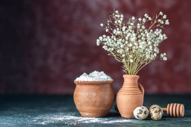 Vorderansicht weiße Blumen mit Wachteleiern und Mehl auf dunklem Hintergrund Schönheit Baum Zweig Farbe Natur Essen Vogel