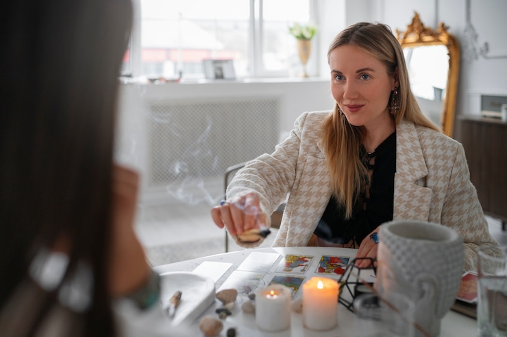 Kostenlose Foto vorderansichtfrau, die tarot liest