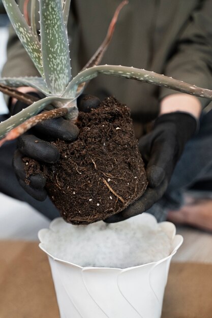 Vorderansichtfrau, die zu Hause im Garten arbeitet