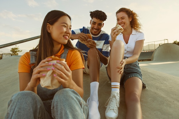 Kostenloses Foto vorderansichtfreunde, die zusammen essen