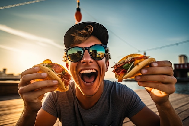 Kostenloses Foto vorderblick mann mit köstlichem taco