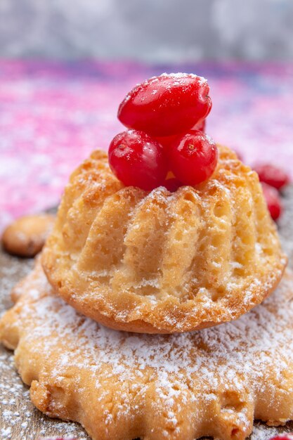 Vordere clsoe Ansicht kleiner köstlicher Kuchen mit frischem Hartriegel auf hellem Schreibtisch