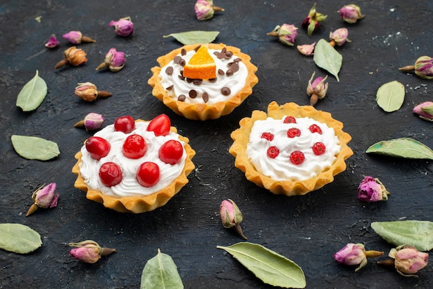 Vordere Nahansicht köstliche Rahmkuchen mit Früchten oben isoliert auf der dunklen Oberfläche zuckersüße Frucht