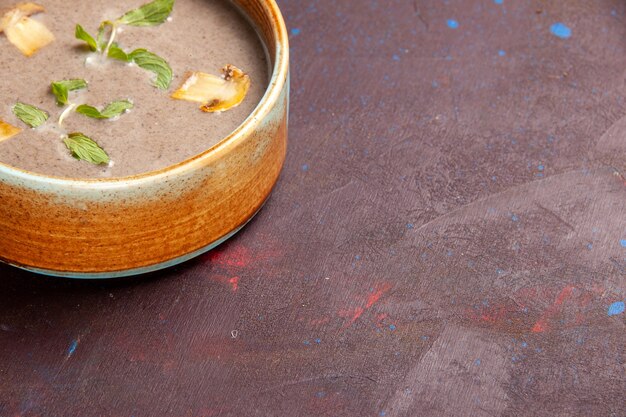 Vordere nahe Ansicht köstliche Pilzsuppe innerhalb Platte auf dunklem Raum