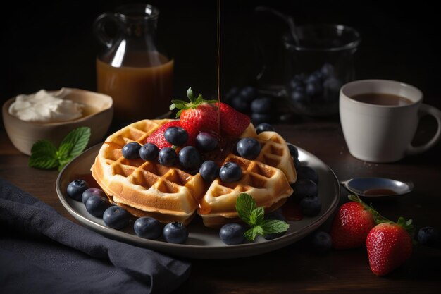 Waffeln mit Beeren und Ahornsirup auf rustikalem Holztisch Ai generativ