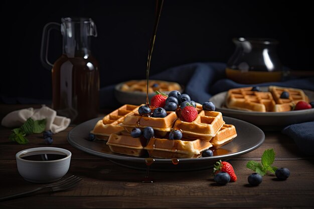 Waffeln mit Beeren und Ahornsirup auf rustikalem Holztisch Ai generativ