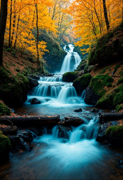 Waldwasserfall im Wald im Herbst