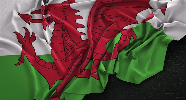 Wales Fahne geknickt auf dunklem Hintergrund 3D Render