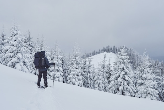 Wanderer mit rucksack klettert auf die bergkette und bewundert den schneebedeckten gipfel. episches abenteuer in der winterwildnis