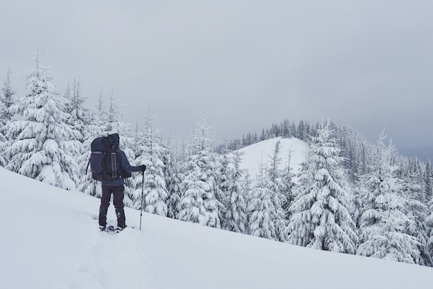 Wanderer mit Rucksack klettert auf die Bergkette und bewundert den schneebedeckten Gipfel. Episches Abenteuer in der Winterwildnis