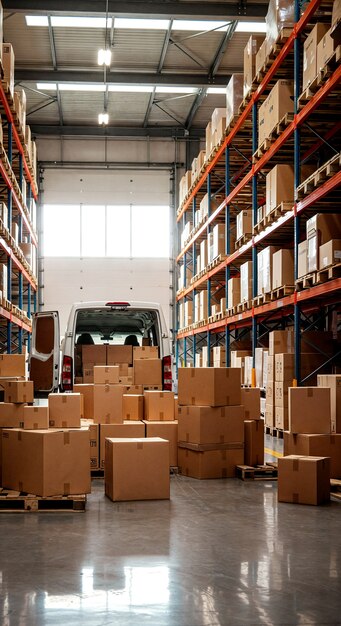 Warehouse with boxes and delivery van