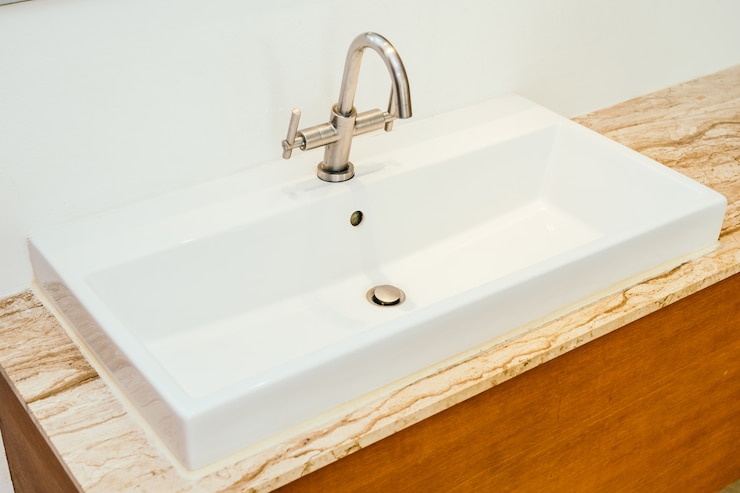 Kostenlose Foto wasserhahn oder wasserhahn und weiße waschbecke oder waschbeckendekoration im badezimmer