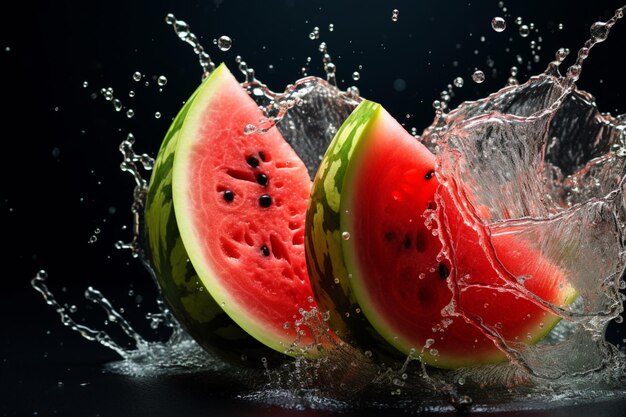 Wassermelone im Wasserspritz, isoliert auf dunklen Hintergründen