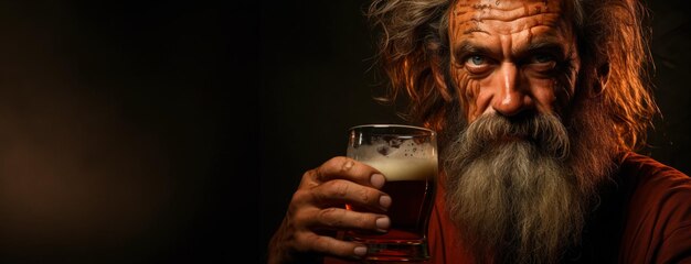 Web-Banner mit Platz für Konzept bärtiger erwachsener Mann Leprechaun mit einem Becher Bier