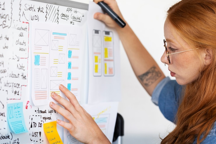 Kostenlose Foto webdesignerin mit papieren und notizen im büro