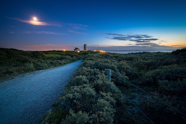 Weg umgeben von Büschen und viel Grün, der bei Sonnenuntergang zu einer Siedlung und einem Meer führt