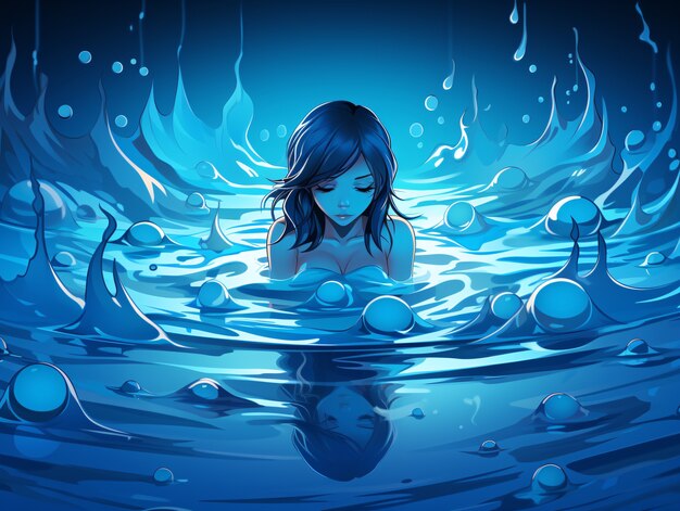 Weibliche Anime-Figur unter Wasser