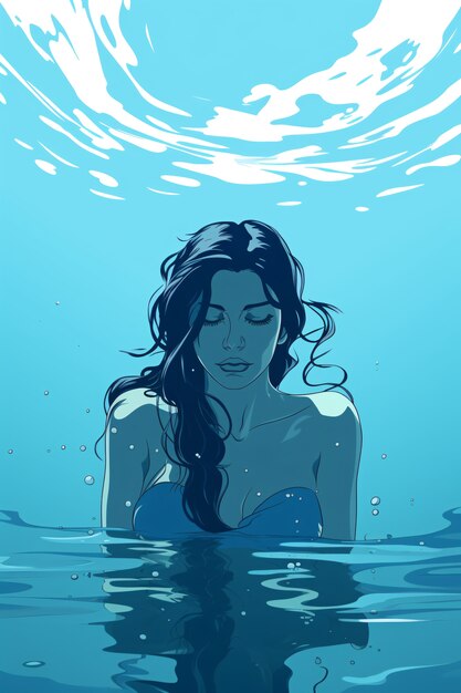 Weibliche Anime-Figur unter Wasser