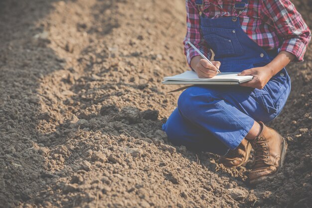 Weibliche Landwirte erforschen den Boden.