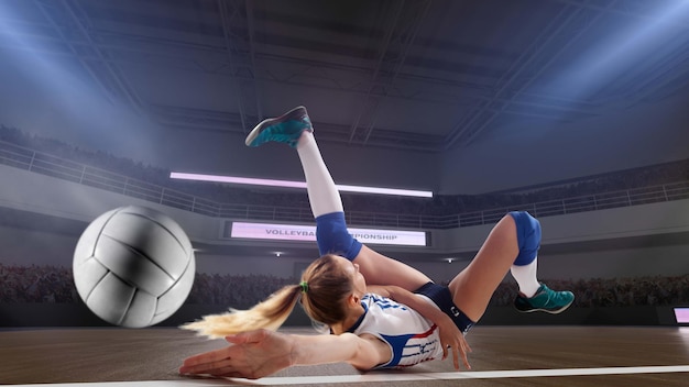 Weibliche professionelle Volleyballspieler in Aktion im 3D-Stadion