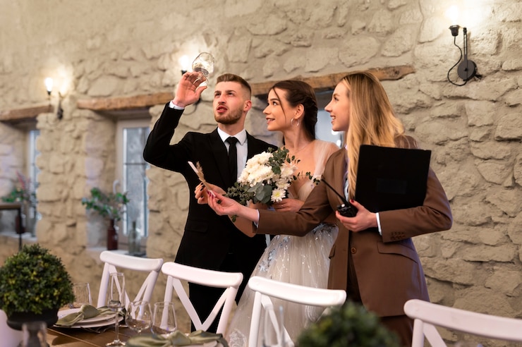 Kostenlose Foto weiblicher hochzeitsplaner, der mit braut und bräutigam arbeitet