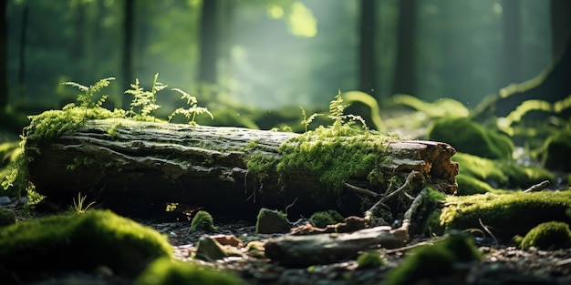 Weiches Moos bedeckt einen alten Baumstamm in einem mystischen, von Sonnenlicht gefilterten Wald