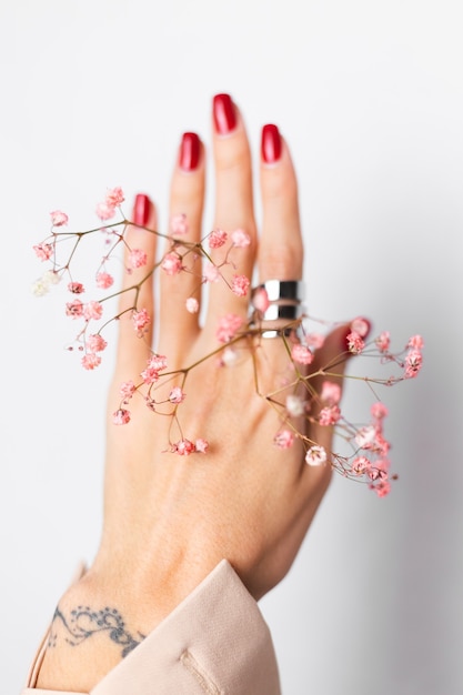 Weiches sanftes Foto der Frauenhand mit roter Maniküre des großen Rings halten niedliche kleine rosa getrocknete Blumen auf Weiß.