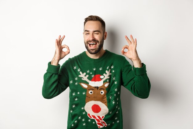 Weihnachten, Feiertage und Feiern. Glücklicher junger Mann in grünem Pullover, zwinkert und zeigt okayzeichen, garantiert Qualität, empfiehlt etwas, weißer Hintergrund.